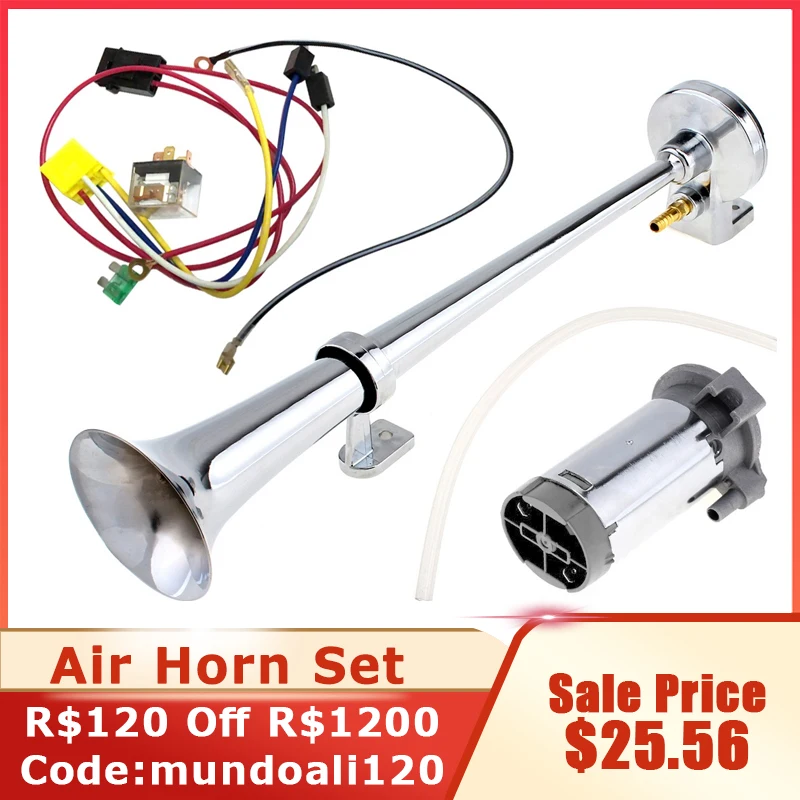 17 Inch 12V/24V 150dB Super Loud Air Horn Compressor Kits Wires and Relay + Compressor+ Air Horn Single Trumpet for Truck