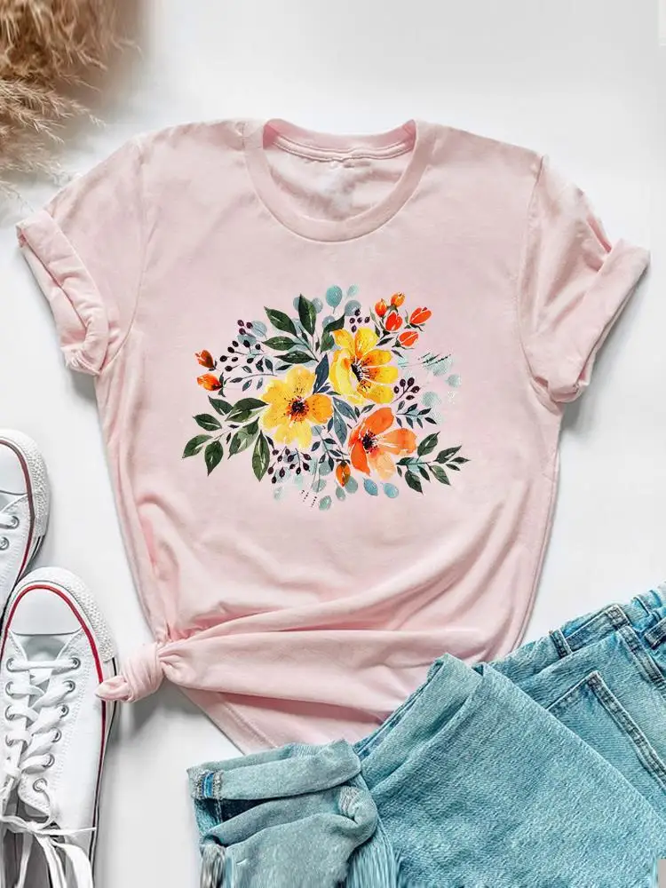 Sweet Watercolor Flower 90s Clothing Short Sleeve Tee Top Summer Graphic T Shirt Women Fashion Casual Female Print T-shirt