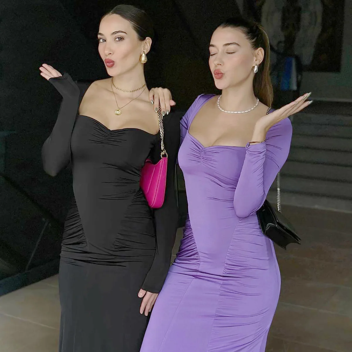 2025 Elegant Long Sleeve Party Dresses Sexy High Waist Slim Fit Women's Evening Dress Fashion Solid Color Pleated Long Dresses