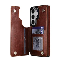Leather Flip Wallet Case with Card Holder - Deluxe Phone Protective Cover - Galaxy S23 Ultra (Brown)