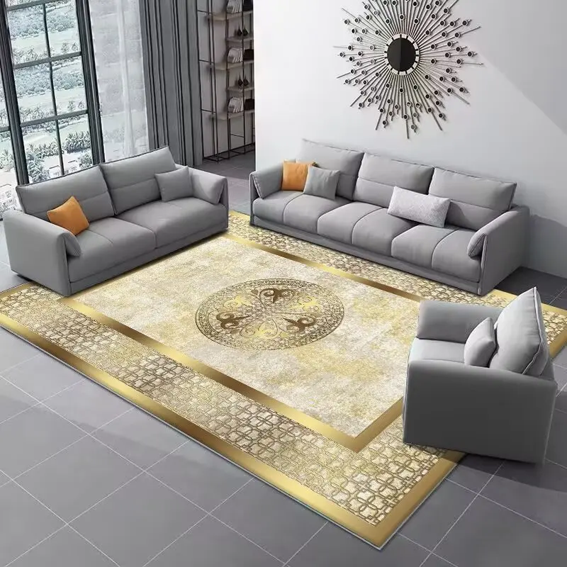 

Luxury Golden European Style Large Living Room Carpet High-end Flannel Rugs for Bedroom Decor Washable Lounge Coffee Tables Mat