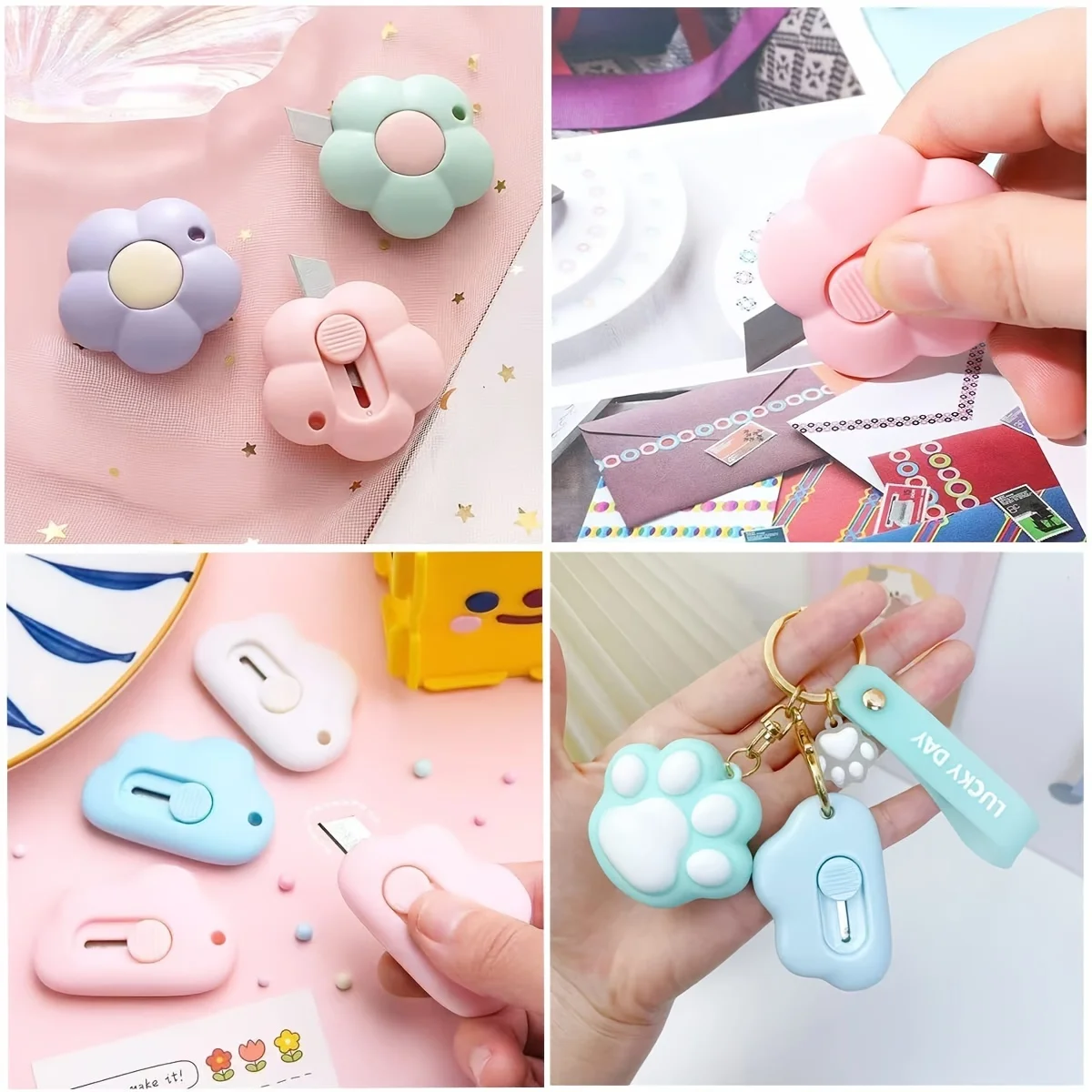 MOHAMM 6pcs Mini Flower Cloud Shaped Portable Pocket Retractable Utility Knife Box Cutter with Keychain Hole utility knife box cutter cutting knife art knife box opener