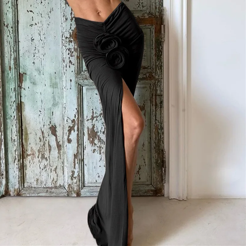 

Elegant Flower Applique Maxi Skirts for Women Ruched Split High-waist Solid Slim Skirt Vacation Beachwear Party Club Bottom