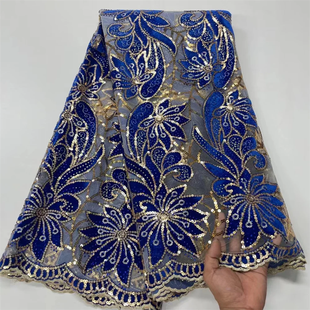 

2023 Latest Blue French Nigerian Laces Fabrics High Quality Tulle African French Velvet Laces Fabric Wedding With Sequins RC2055