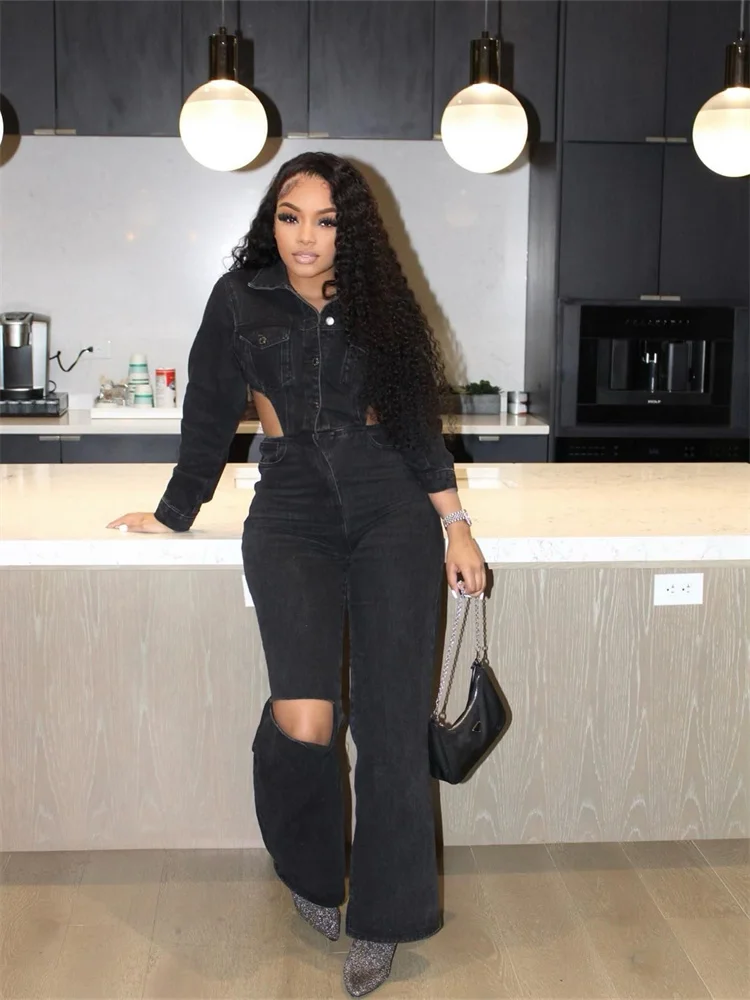 Wmstar Denim Jumpsuit Women Clothing Romper Hollow Out Side Casual New in Fall Fashion Hole Long Pants Wholesale Dropshipping