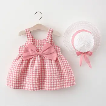2Pcs/Set Baby Girl Plaid Sweet Bow Summer Birthday Party Dress Toddler Kids Outfits 0 To 3 Years Children Clothes Suit + Hat 1