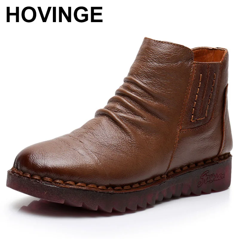 

2024 New Handmade Genuine Leather Shoes Women Boots Plus Velvet Warm Snow Boots Flat Soft Bottom Non-slip Women Shoes Boots
