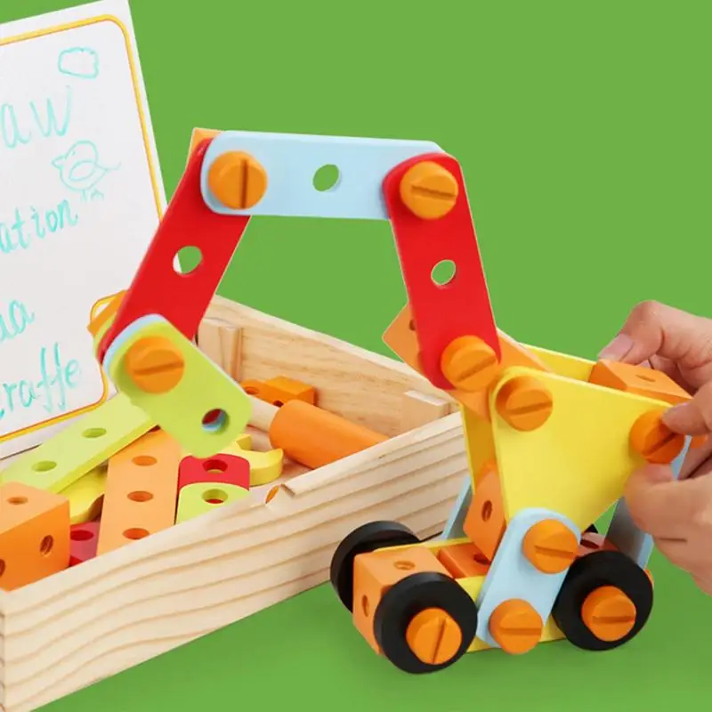 Wooden Construction Tools Wooden Tool Box Set Educational Pretend Play Construction Toy STEM Nut Disassembly Toys With Blocks