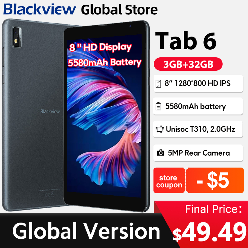 Blackview Tab 6  Tablet  8'' HD Display Unisoc T310  3GB 32GB 4G 3.5mm jack 5580mAh Battery GPS 5MP Camera Android 11 Pad PC