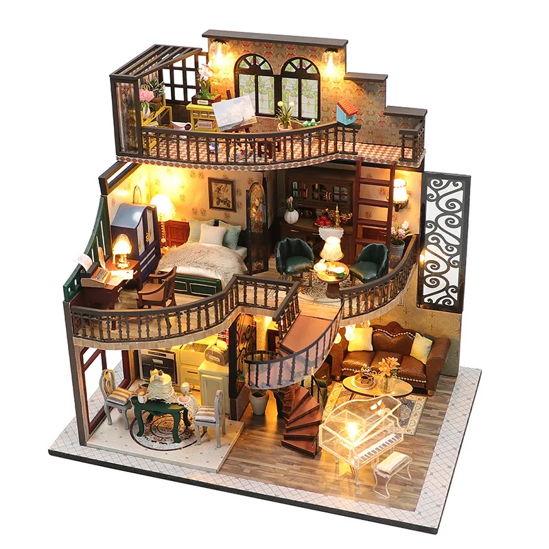 

Doll house With dust cover casa Miniature Diy Wood Dollhouse Miniatures children toys girl Birthday Gifts diorama 1 24