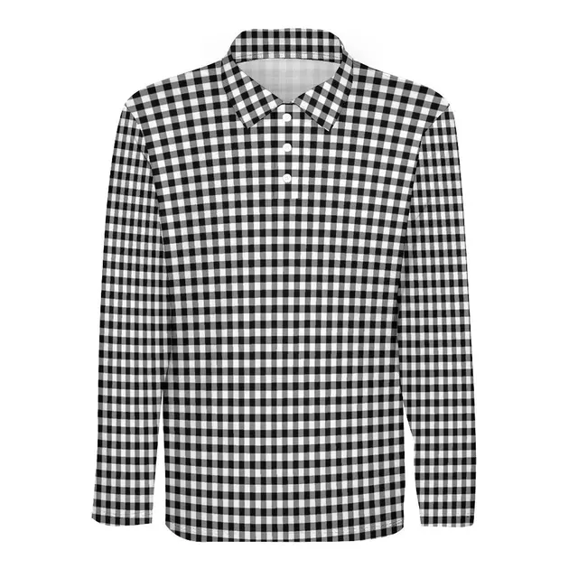 Stylish and versatile Black And White Casual T-Shirts Man Check Print Long Sleeve Polo Shirt