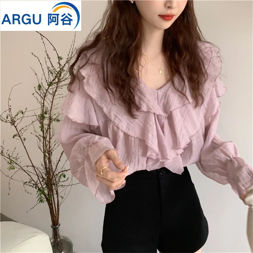 

Elegant Ruffles Blouse V-Neck Flare Long Sleeve Korean Fashion Tops White Purple Vintage Shirt Summer Fairy Clothes Women