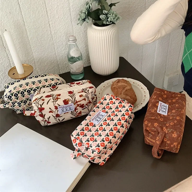 

Travel Cosmetic Bags Corduroy Floral Tote Women Portable Make Up Bag Toiletry Organizer Storage Makeup Pencil Bag Wash Pouch