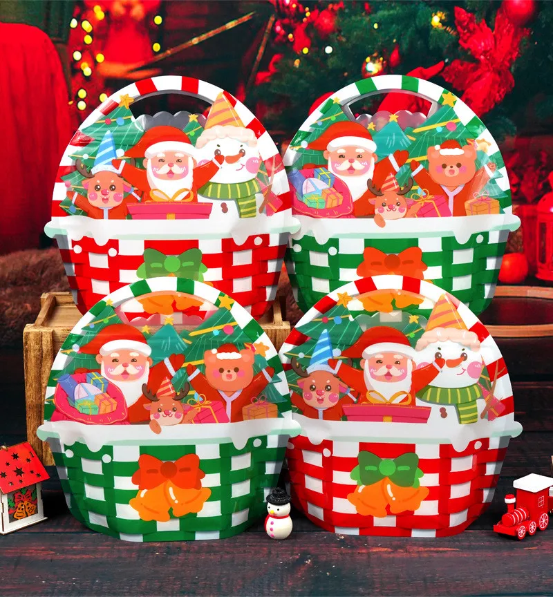 

10Pcs Basket Shape Christmas Gift Bags Cartoon Cute Biscuit Candy Sealed Self Standing Handbag Packaging