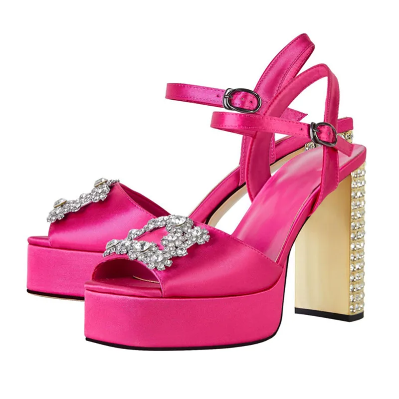 

Shiny Rhinestone Women's Summer Footwear New Square Toe Crude Heel Riveted Female Sandals Thick Platform Buckle Ladies Shoes