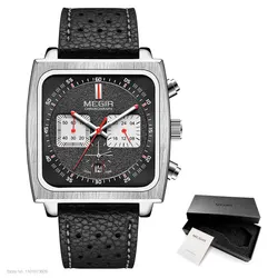 Men's Fashion Chronograph Quartz Watch with Blue Leather Strap (Silver black - Box)