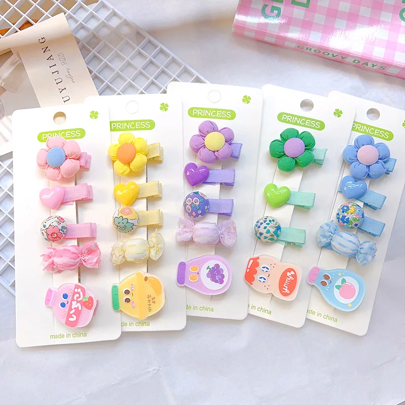 5PCS New Children's Fabric Flower Hairpin Set Cute Girl Cartoon Heart Hair Clips Candy Color Headwear Accessories for Baby Girls