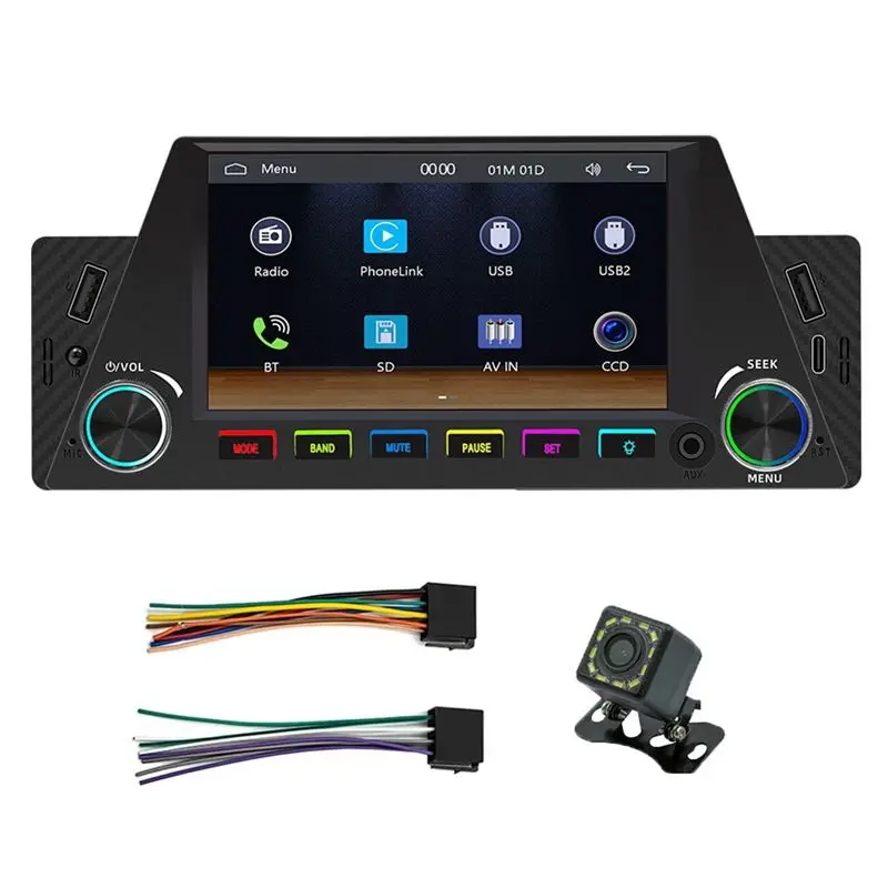 A95E-1 Din 4.7인치 차량용 라디오 무선 카플레이 안드로이드 오토 미러링크 RGB BT USB 타입-C 충전 FM 스테레오 후방 카메라