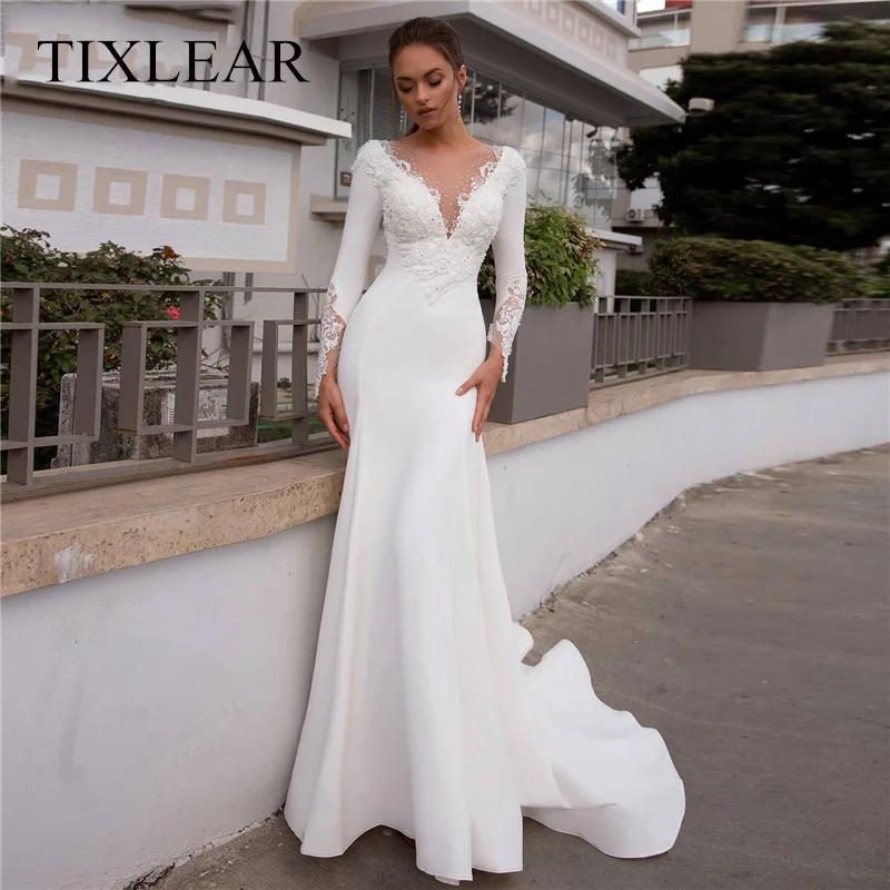 

TIXLEAR Classic Mermaid Wedding Dress O-Neck Long Sleeves Appliques Illusion Button Floor Length Bridal Gown Vestidos De Noiva