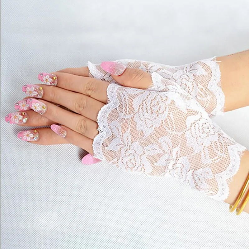 Sexy Bridal Lace Fingerless Gloves For Women Party Dressy Gloves Sunscreen Gloves Girls Mittens Black White Pink Gloves