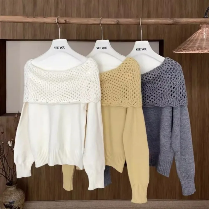 New Women's Off-shoulder One-word Shoulder Slim-fitting Long-sleeved Sweater Hollow Collar Solid Color Elegant Casual Knitwear