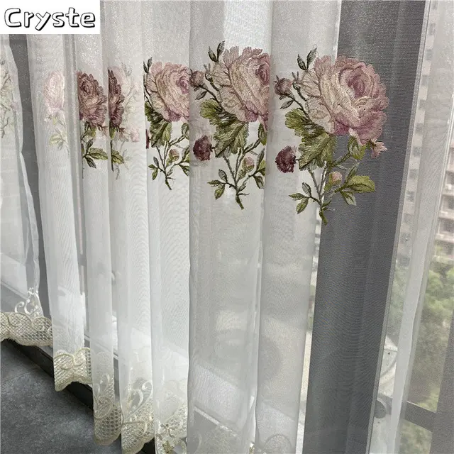 American Luxury Peony Embroidery Tulle Curtain For Living Room European Elegant Flower Embroidery Sheer Voile Drapes For Bedroom 2