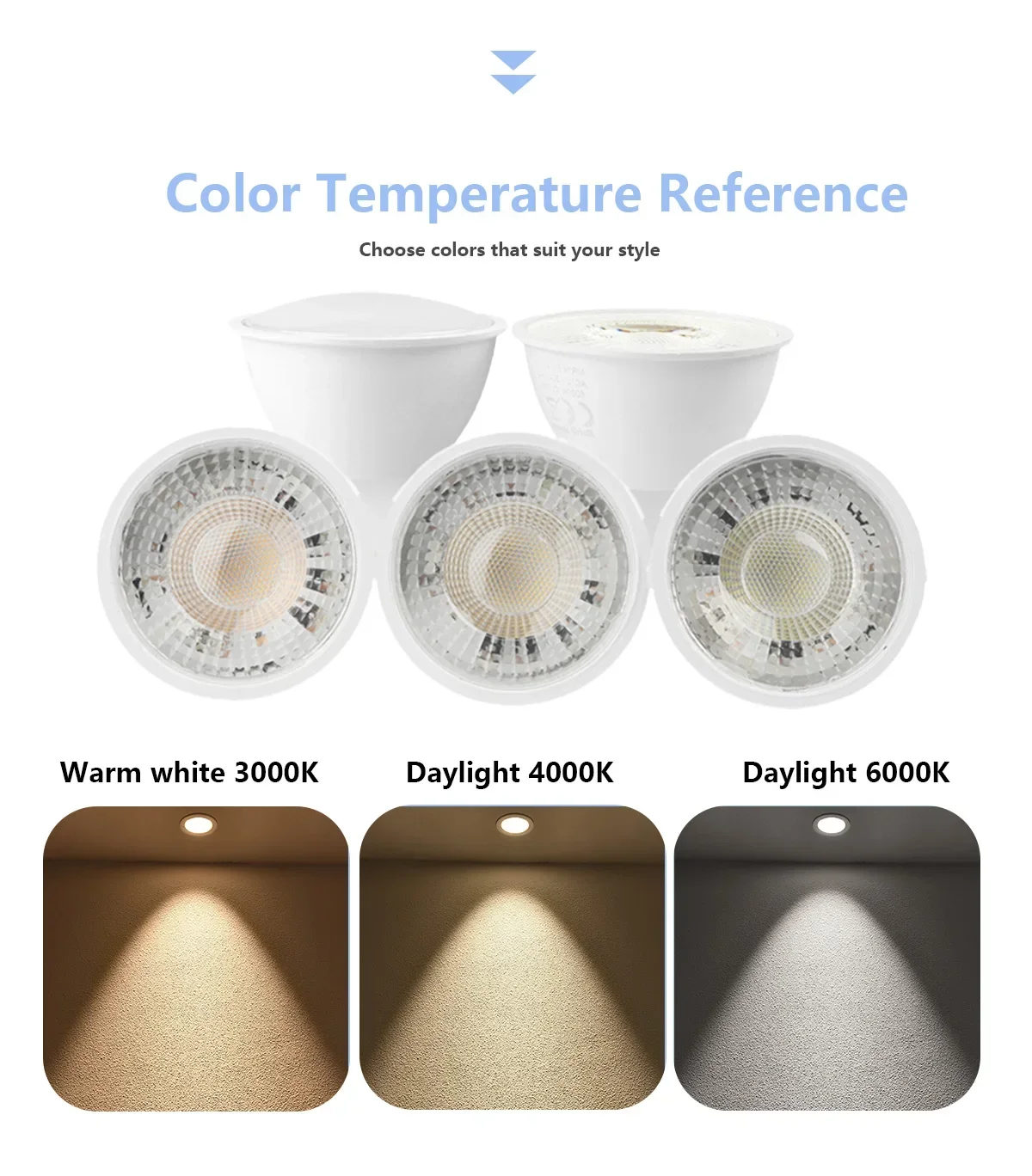 Description Picture 4 of item6pcs Spot GU10 Bulb No Flicker Warm Cold White LED Spotlight GU10 AC220V Replace 50w Halogen Lamp for Home Lighting Derection