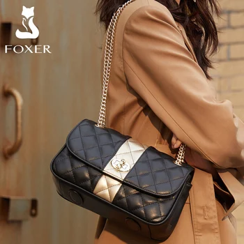 FOXER-패션 스플릿 가죽 핸드백 여성용, 다이아몬드 격자 무늬 크로스바디백 메신저백 체인 가방