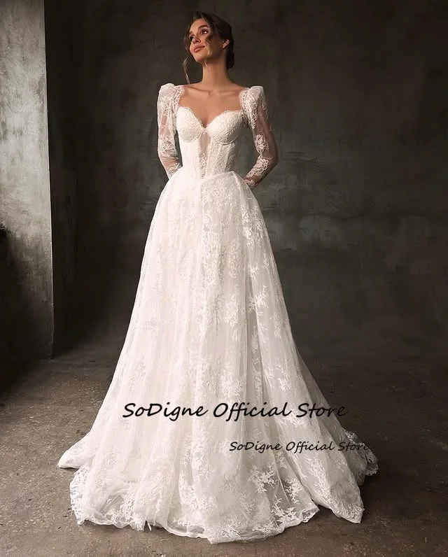SoDigne A-line Lace Wedding Dresses Sweetheart Full Sleeves Bridal Dress Beach Long Wedding Gown Robe De Mairee Customized 12 S99ddf9f791f4454688490ee5b89b2a3di