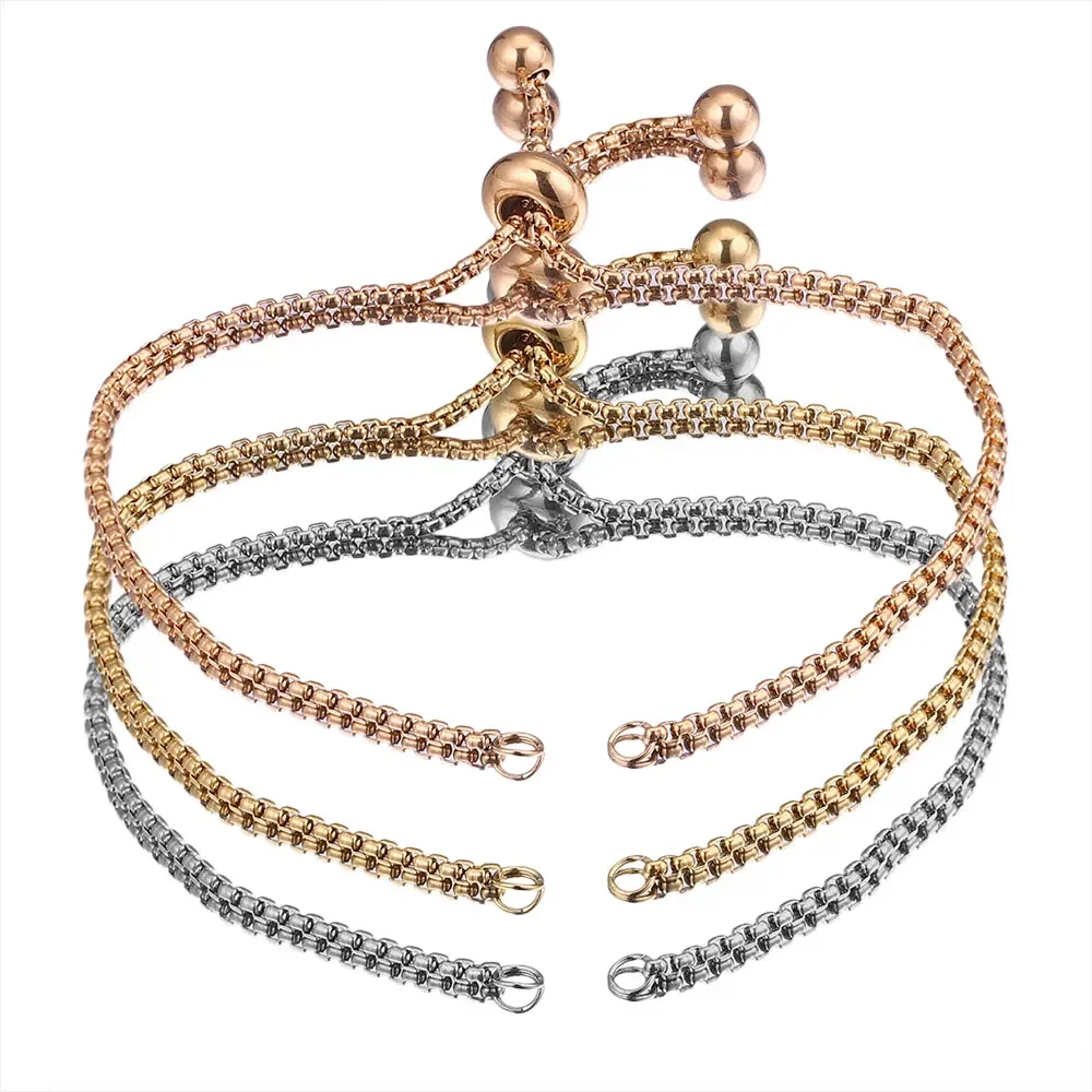 Elegant Gold-Toned Stainless Steel Slide Bracelets with Rubber Bead Accents - Set of 3