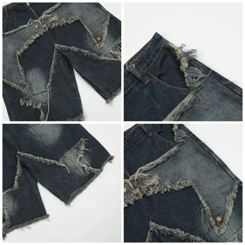 Harajuku Vintage Functional Embroidered Star Pattern Denim Shorts Men's Oversized Sunny Bermuda Casual Shorts College Pants Y2K