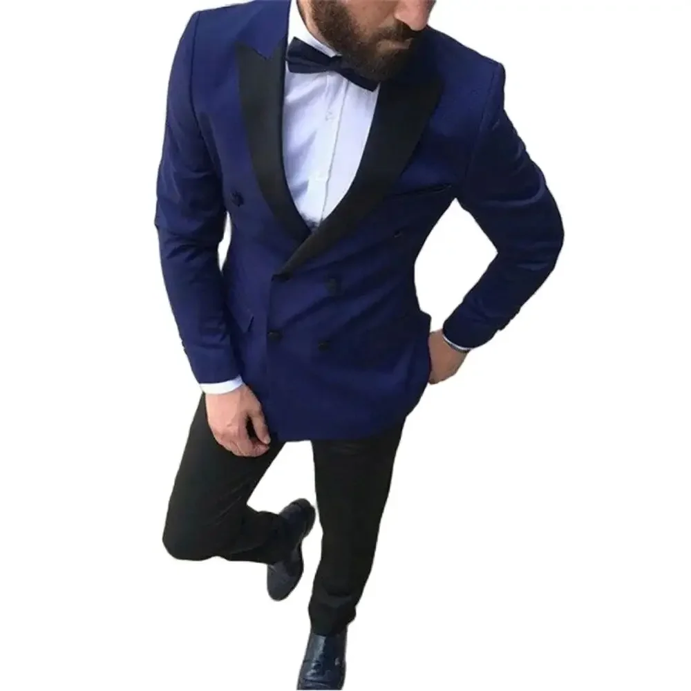 Men's Suits Blue Double Breasted Black Shawl Lapel Formal Party Outfits Elegant Wedding Blazer 2 Piece Jacket Pants Slim Fit
