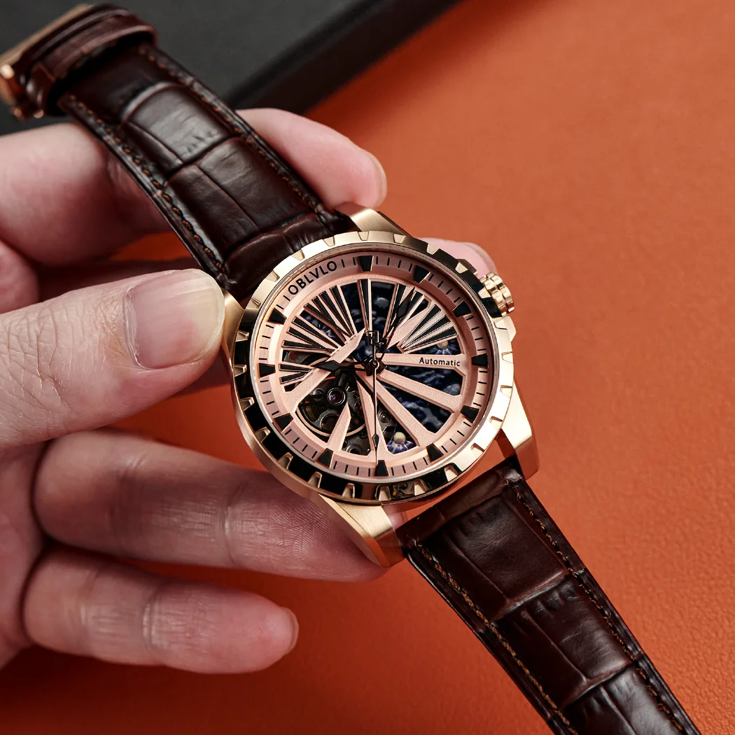 

OBLVLO New Skeleton Men's Automatic Mechanical Watch For Men Rose Luxury Sapphire Luminous Genuine Leather Watch RMS-U