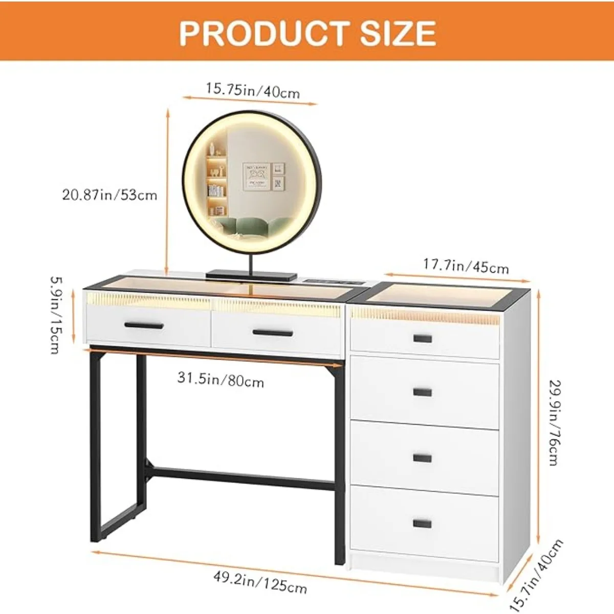 Vanity Desk w/ Mirror & Lights, 49" Modern Makeup Vanity w/ Charging Station,Glass Top Dressing Table, White (Chair not Include) 5