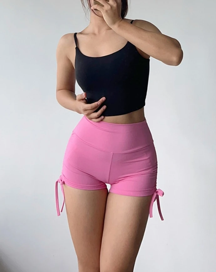 2024 Summer Fashion Women's Sporty Shorts Ruched Drawstring High Waist Skinny Active Shorts Casual Solid Color Above Knee Shorts