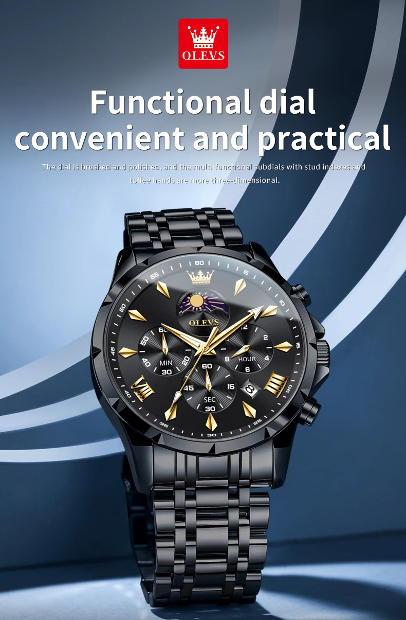 OLEVS 3653 Moon Phase Men Watch Luxury Brand Quartz Watch Fashion Original Waterproof Luminous 24-hour Automatic Date Men Watch