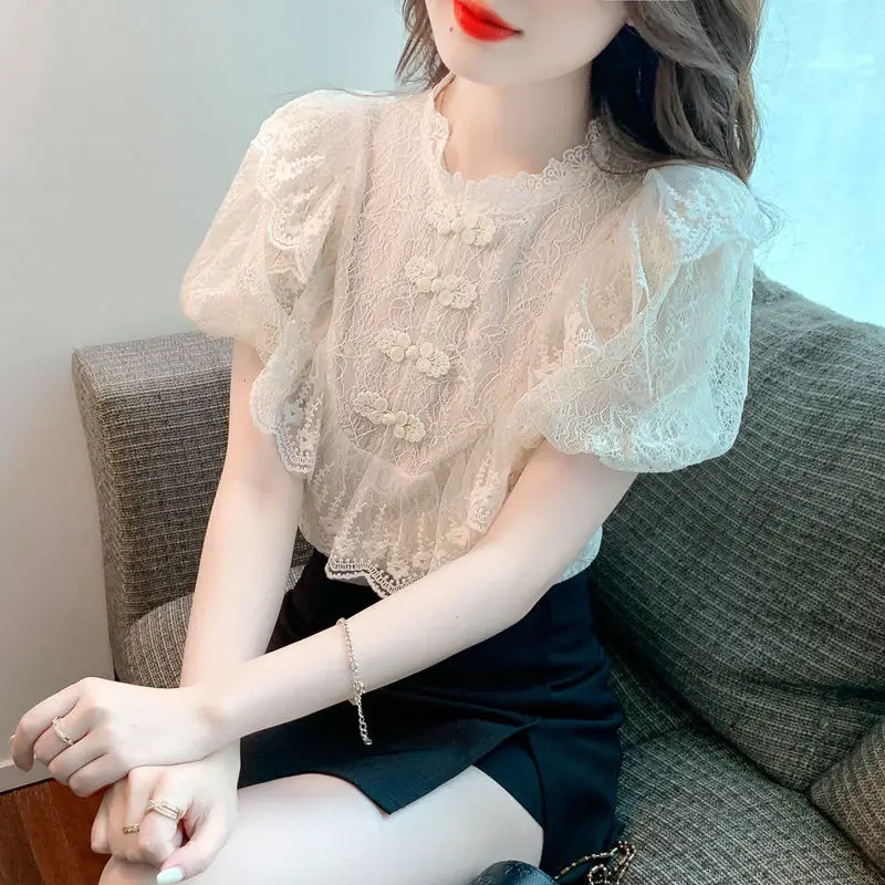 Sweet O-Neck Button Spliced Ruffles Lace Puff Sleeve Blouses Female Clothing 2024 Summer New All-match Tops Office Lady Shirts