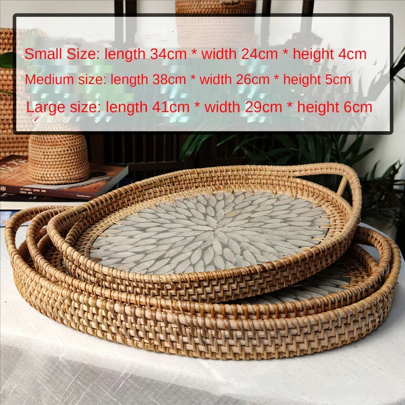 Rattan Basket HandWoven Fruit Storage Breakfast Severing Tray Drinks Snack Coffee Platters Bread Plate Home Tableware Organizer