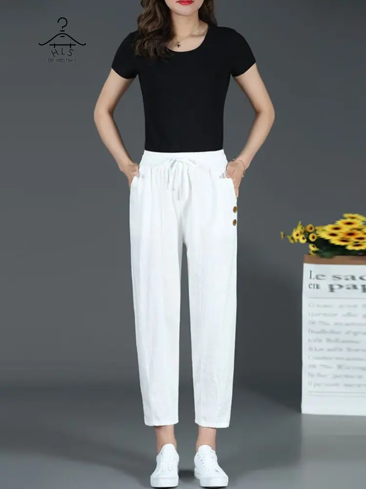 

Cotton Women's Pants 2023 New In Summer Loose Thin Casual High Waisted Women Clothes Fashion Elegant Straight Plus Size Pants