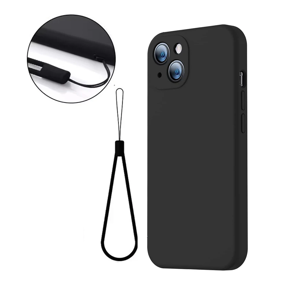 Black Silicone Lanyard Cord Phone Case with Protective Lens Cover