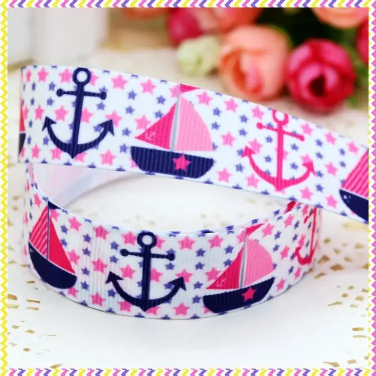 7/8'' 5yards Navy Anchor Sea Boat Printed Grosgrain Ribbon Accessory Hairbow Headwear Decoration DIY C1976 Ribbon Decoration Ribbon Supplies Grosgrain Ribbon
