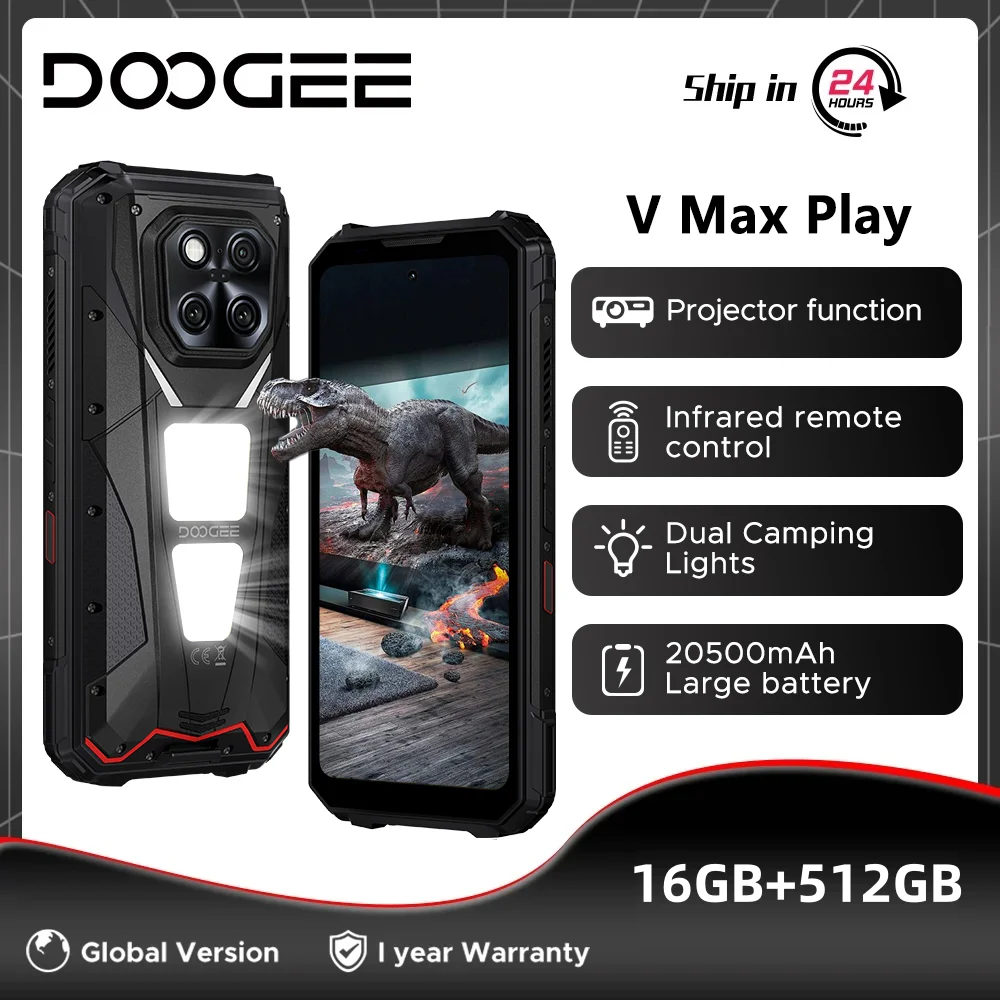 Versione globale DOOGEE V Max Play Proiettore Telefono robusto 16 GB 512 GB 6,78 "120 Hz Dimensity 7300 Fotocamera da 200 MP Doppia luci da campeggio