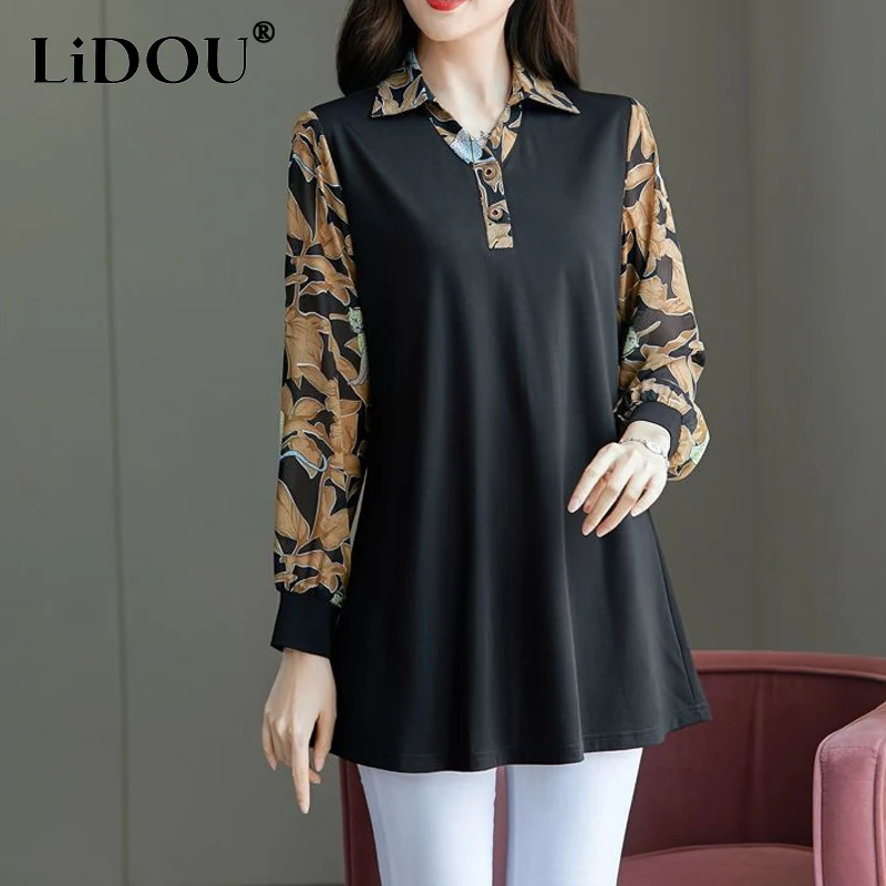 

2023 Spring Autumn New Turn-down Collar Printing Long Sleeve Chiffon Shirt Women Button Patchwork Casual All-match Pullovers