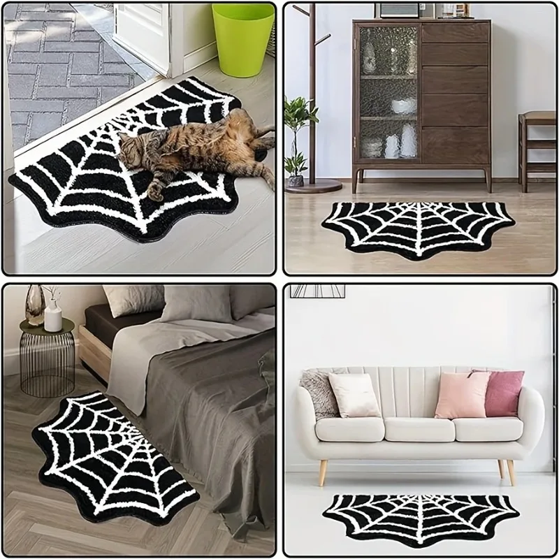 Black Crystal Velvet Spider Web Floor Mat for Home Entryway