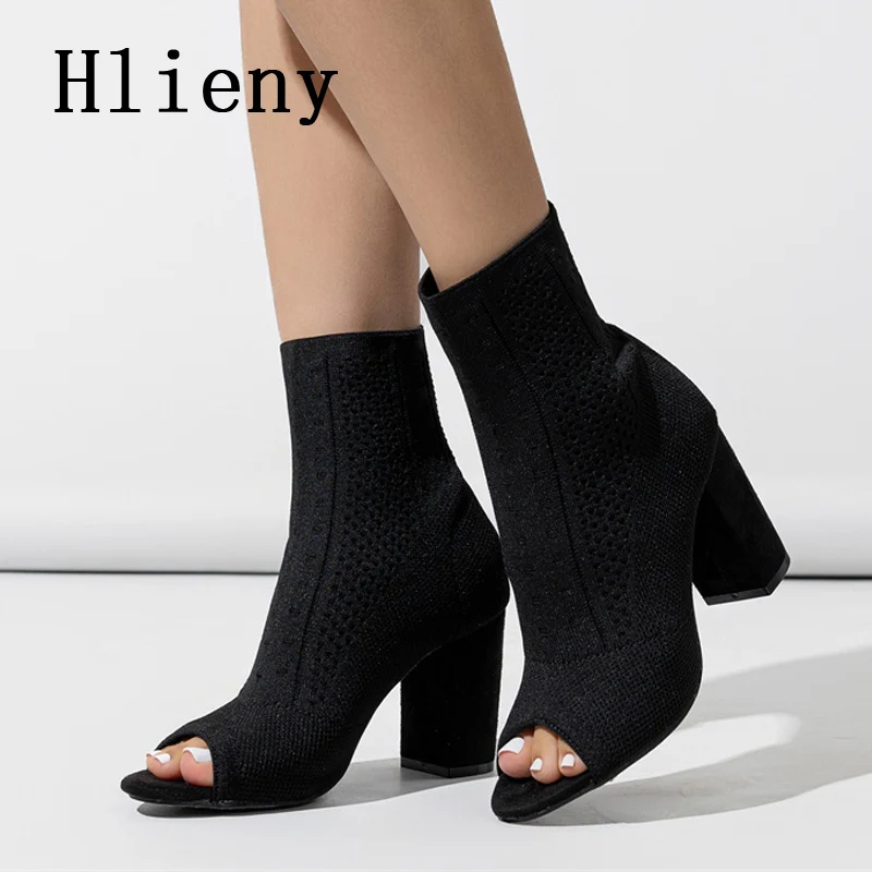 

Hlieny Spring Autumn Design Ankle Boots Women Peep Toe Knitted Stretch Fabric Sandals Sexy Cut-Out Stilettos High Heels Shoes