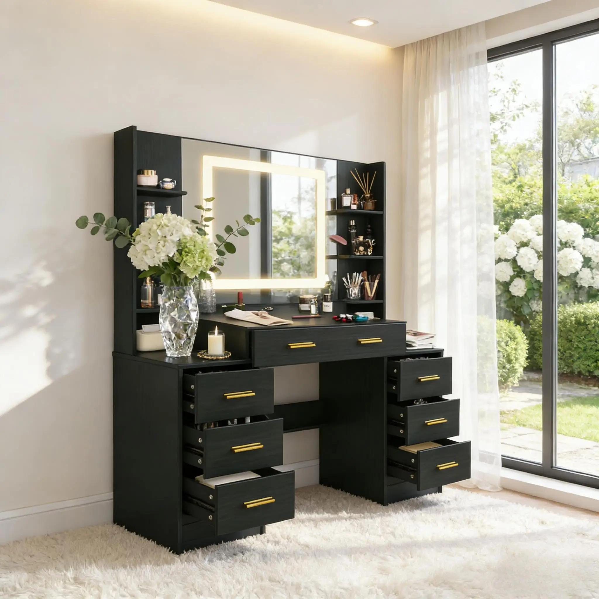 Black Modern Vanity Set with Touch Control Dimmable Led Mirror, 7 Drawers & 7 Open Compartments, Sturdy Frame Bedroom Furniture