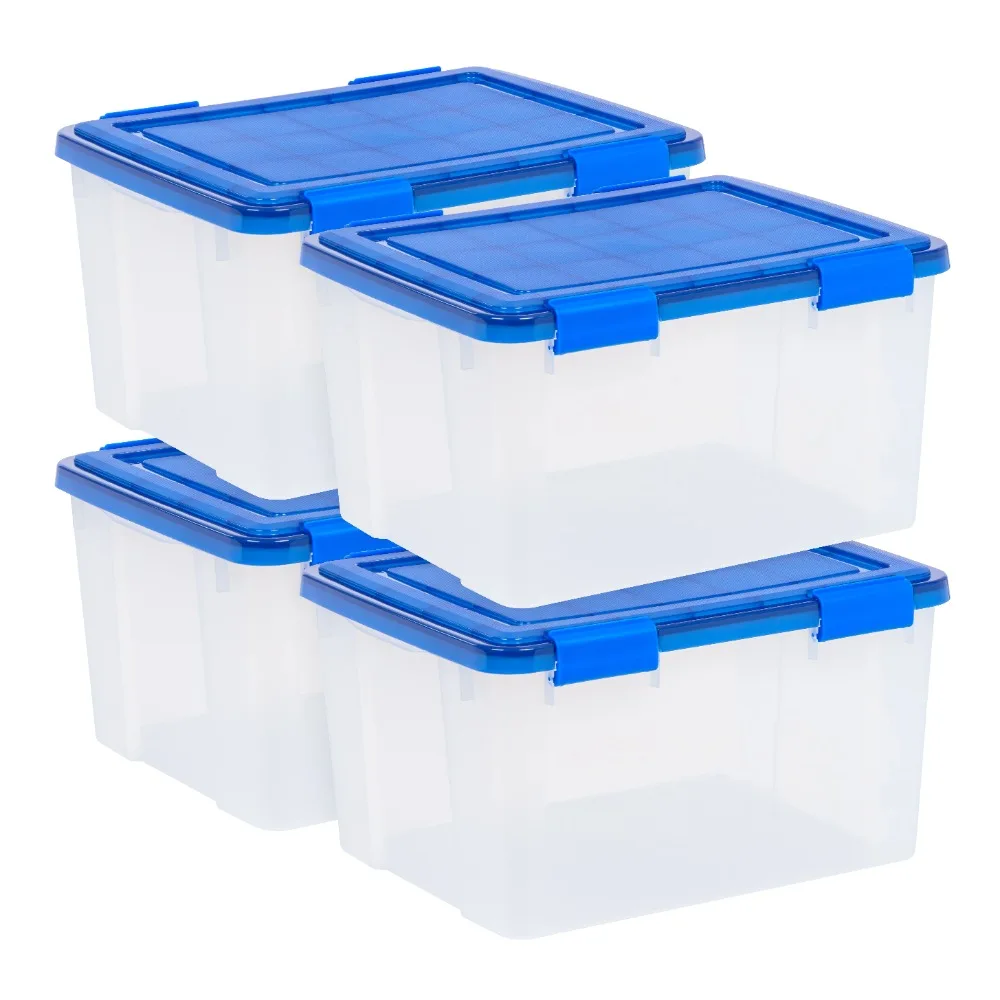 

IRIS USA, 46 Quart WeatherPro™ Gasket Clear Plastic Storage Box with Blue Lid, Set of 4