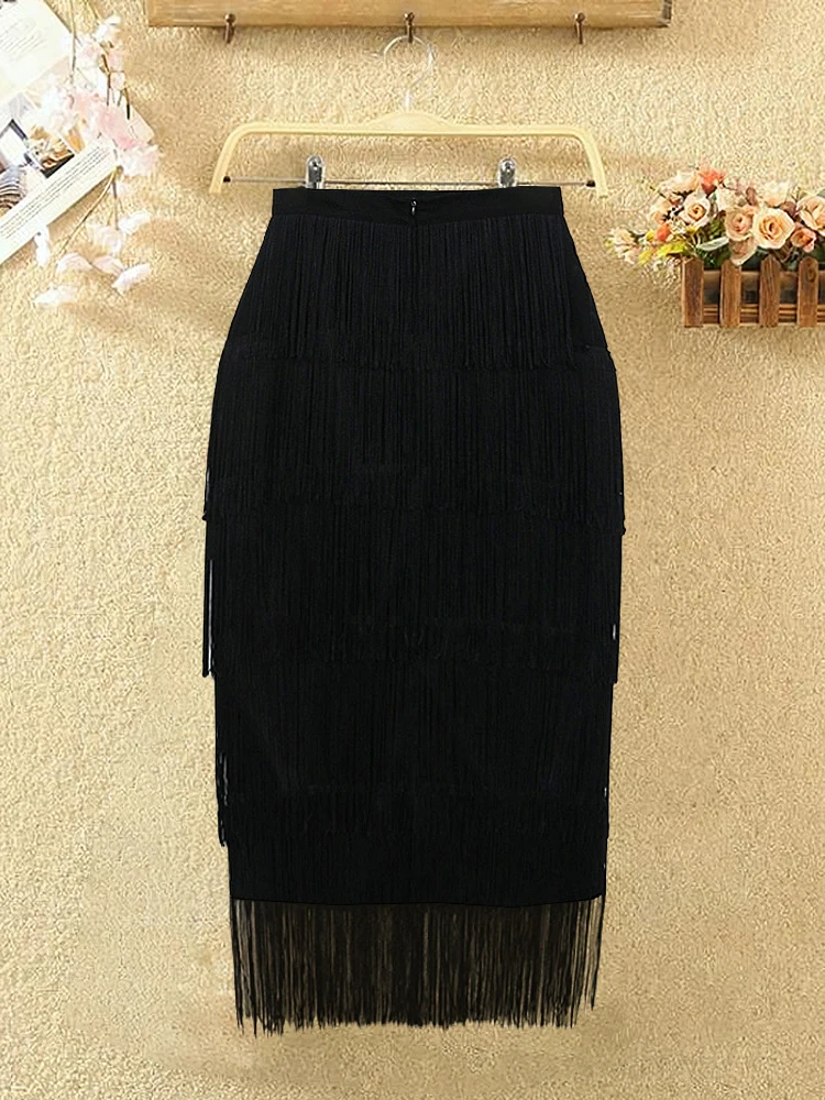 S-3XL Green Fringe Pencil Skirt with Tassel High Waist Solid Fashion Stretch Sheath Black Midi Skirt Women Clothes Summer 2022 skirt top