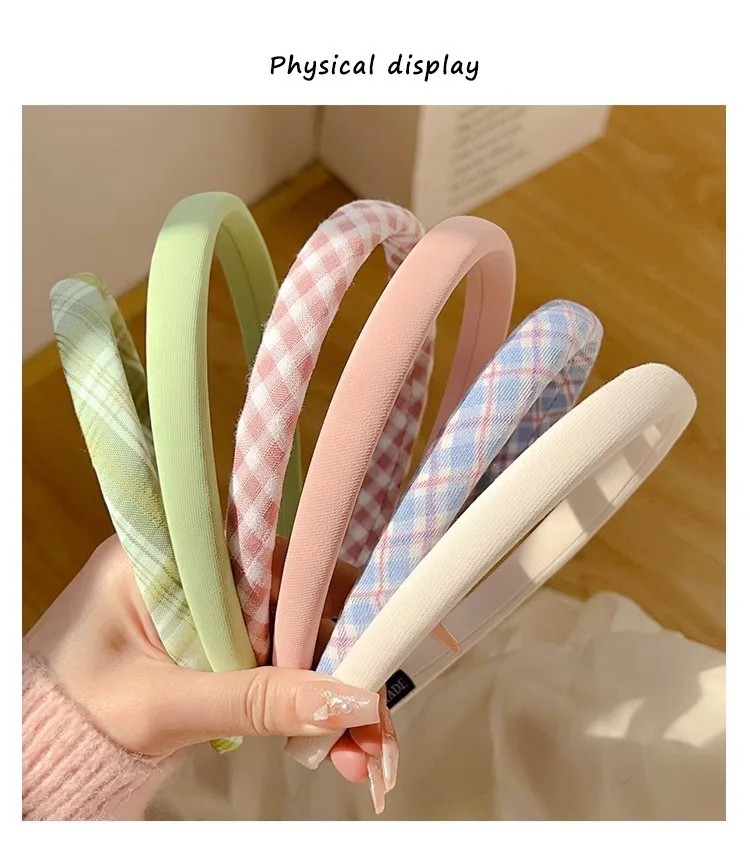 2PCS Spring & Summer Sweet Versatile Solid & Plaid Fabric Padded High-Crown Women’s Thin Headband 2