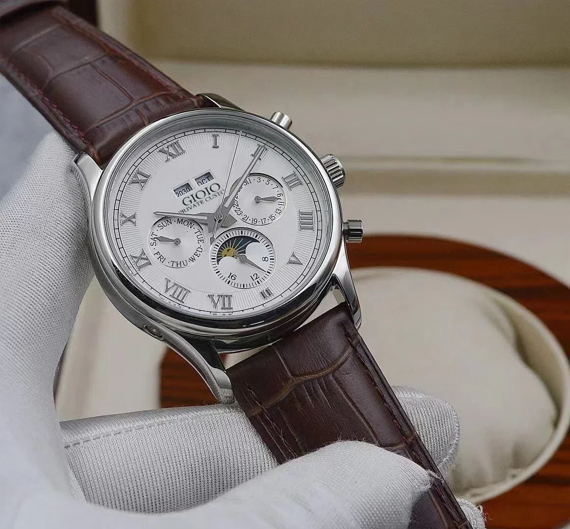 

Новинка 2023, Мужские автоматические механические часы, розовое золото, нержавеющая сталь, черный кожаный Циферблат